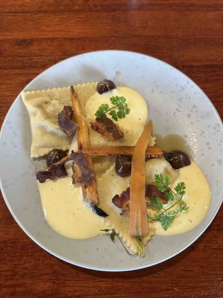 Things to do in Margaret River in winter on a budget, cheap weekenders, Western Australia travel, South West WA. Pork ravioli at Xanadu winery.